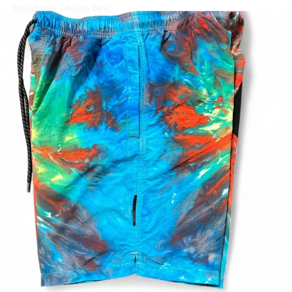 NITROUS BLACK Red and Blue Swim Trunks Vibrant Tie-Dye Design S